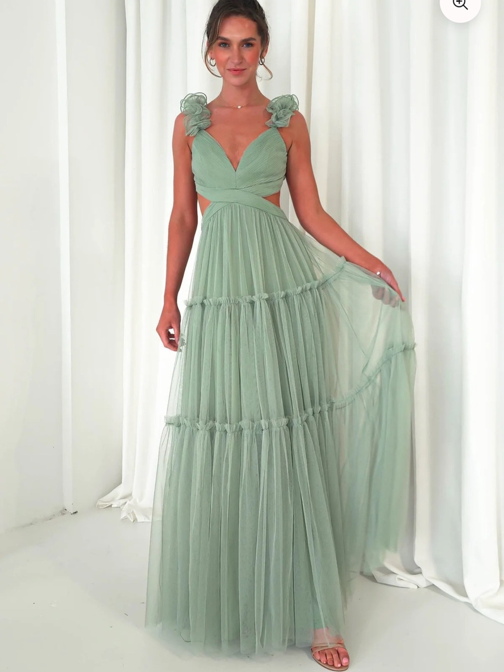 Sage Green Ruffle Strap Tulle Maxi Dress